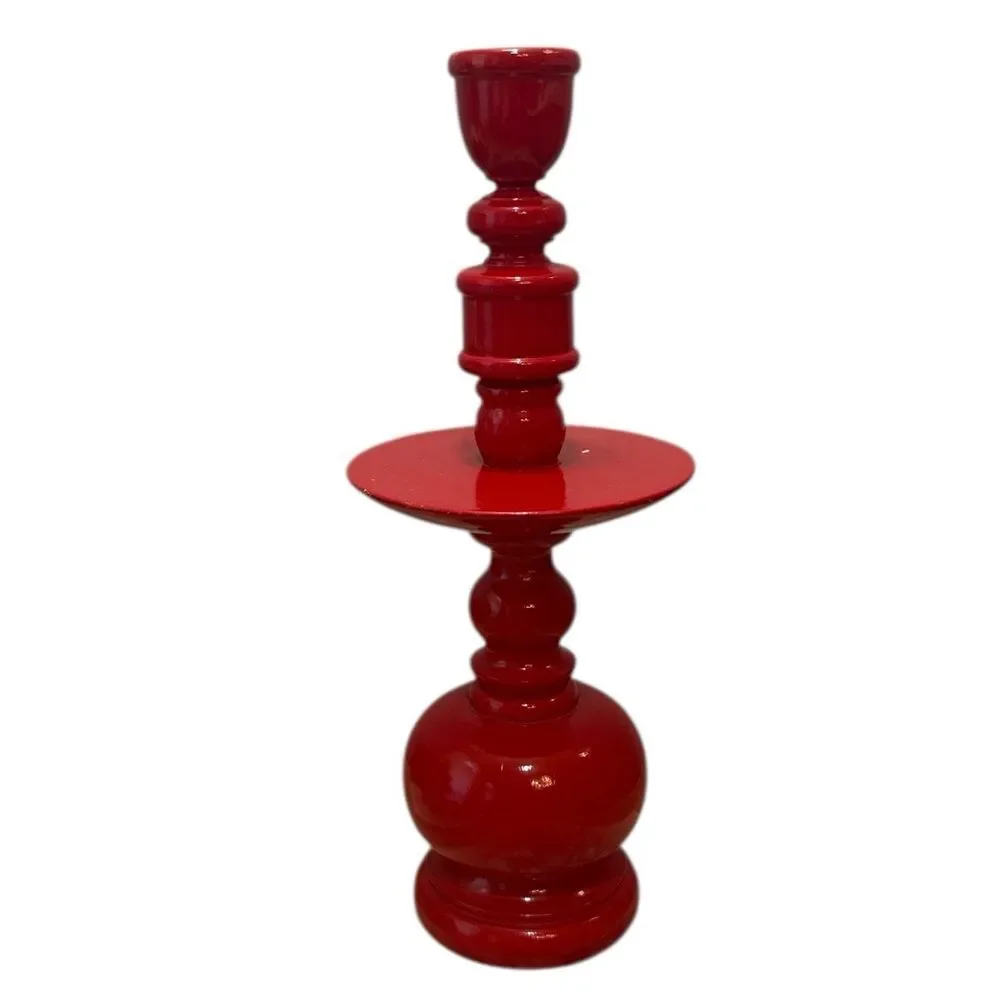 Vintage 70s Red Wooden Turned Sculptural Candle Holder Bobbin Bulbous MCM